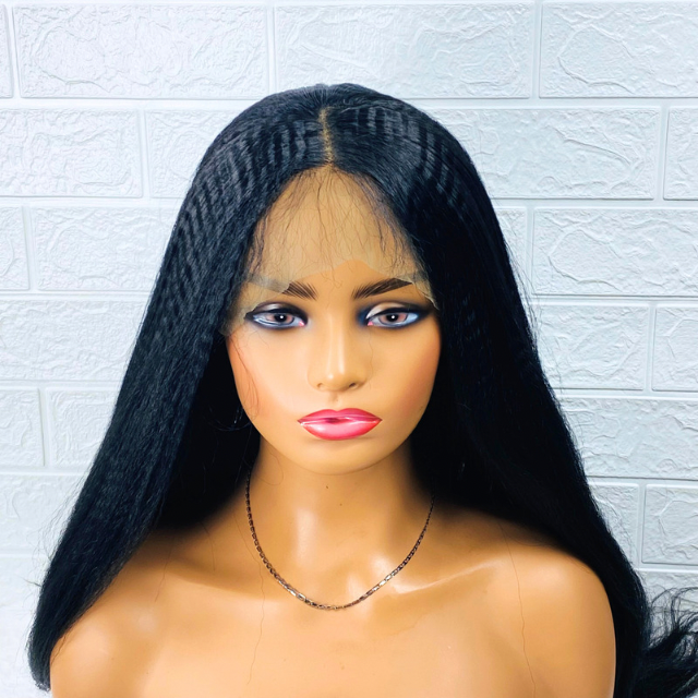 Long Lace Front Black Afro kinky Straight Wig, Middle Synthetic Fiber Black Wig