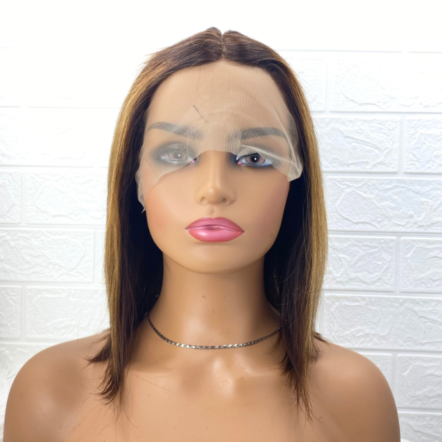 Short Highlight wig Human Hair Bob Wig, Straight Lace Closure T Part Wig