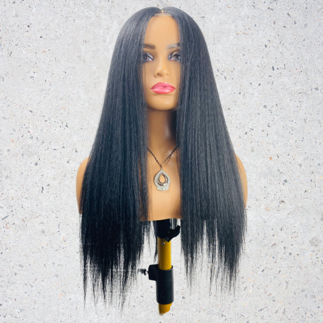 Hand Made Mongolian Kinky Straight Synthetic wig black long Lace wig