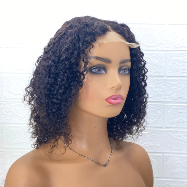 Afro kinky Curls Human Hair Wig, Mongolian  Curly Wig  4X4 Swiss Lace Short Wig