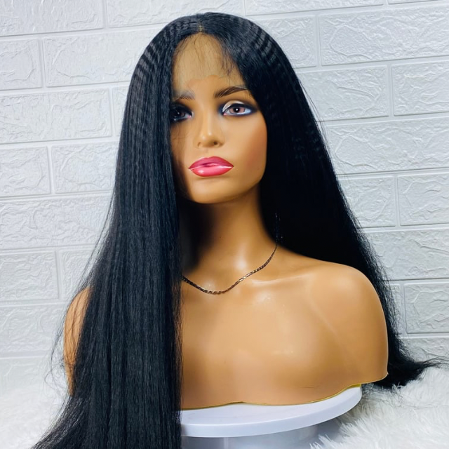 Long Lace Front Black Afro kinky Straight Wig, Middle Synthetic Fiber Black Wig