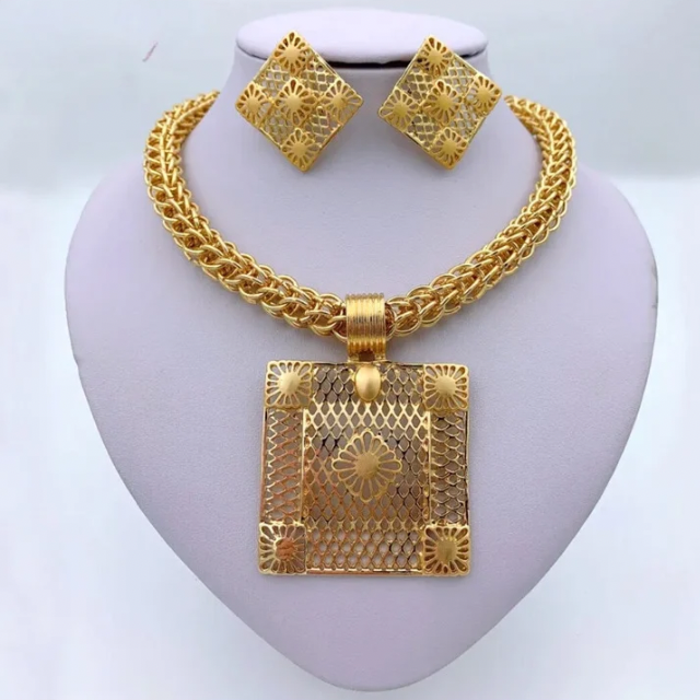 Gold Color African Jewellery Set  For Women Wedding Bracelet Earrings Luxury Set