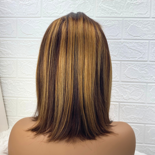 Short Highlight wig Human Hair Bob Wig, Straight Lace Closure T Part Wig