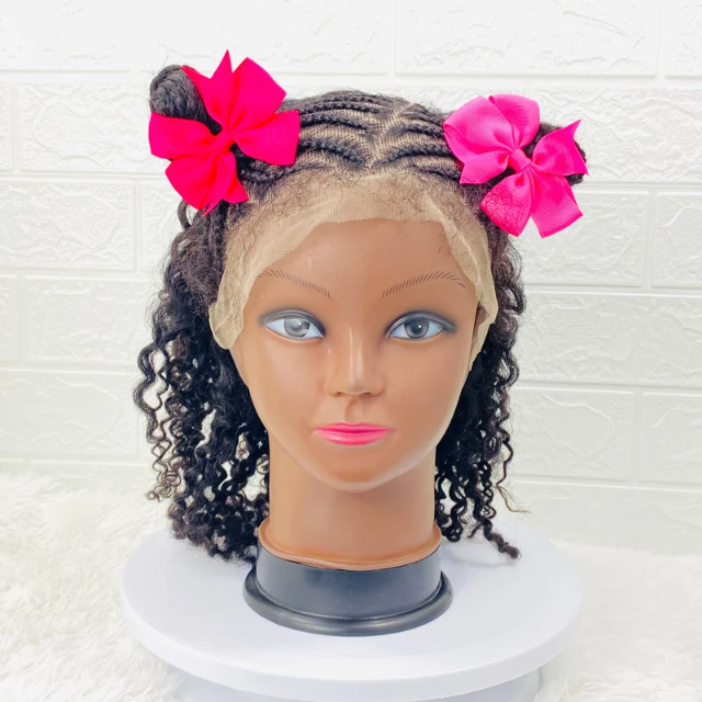 Children two ponytails Lace Front Kinky Curly Braided Wig Human Hair wig for kids Alopecia wig for girls Transparent 13x4 lace frontal cosplay costume wig