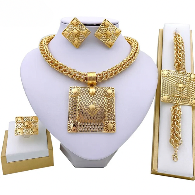 Gold Color African Jewellery Set  For Women Wedding Bracelet Earrings Luxury Set