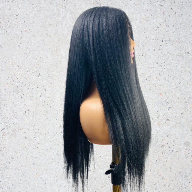 Hand Made Mongolian Kinky Straight Synthetic wig black long Lace wig