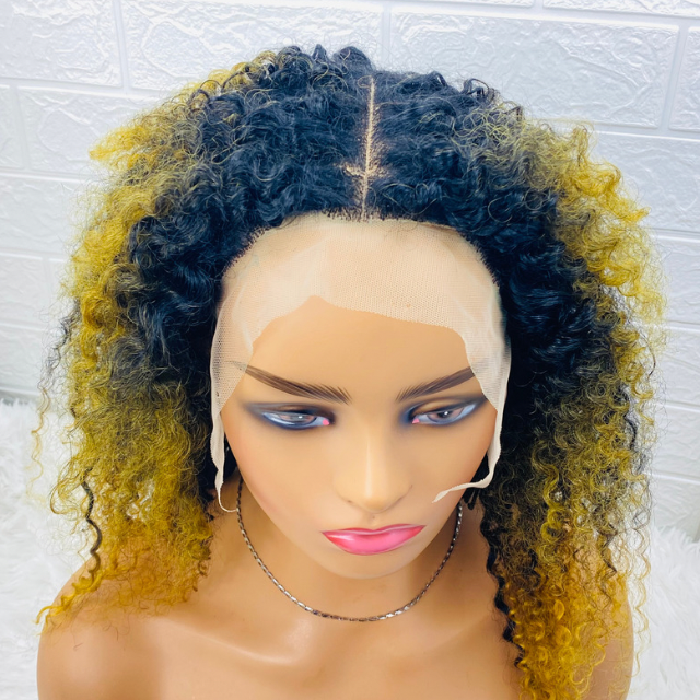 Tiwaoma Women  Afro Kinky Hair Wig, Ombré Lace Front T Part Human Hair Blend Wig