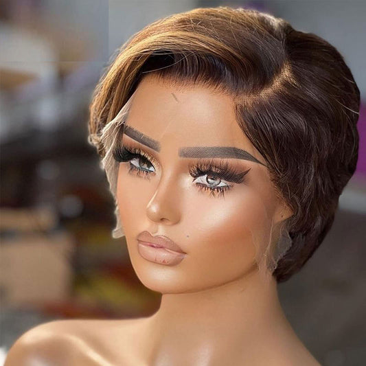 Highlight Pixie Cut Wig Short Bob Wig Straight Remy Human Hair Wigs For Women Side Part Transparent Lace Wig Natural Pre plucked
