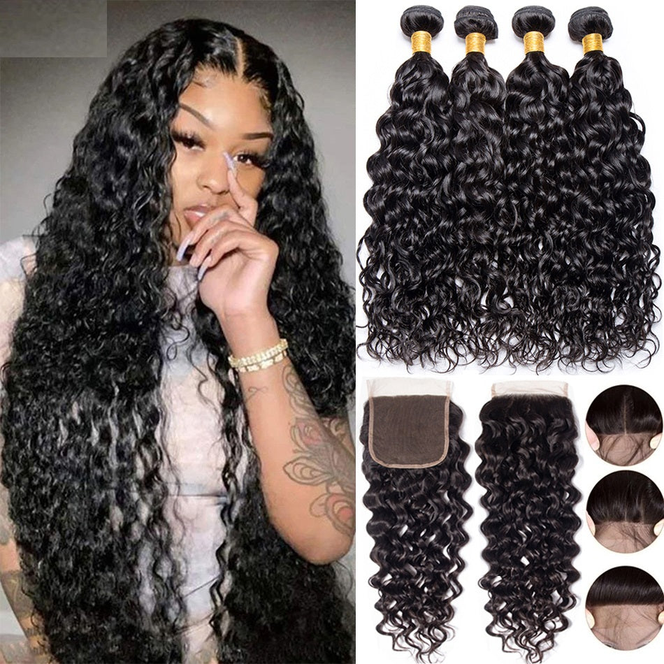 Malaysian Water Wave Bundles Closure Wet Curly Human Frontal Remy Hair Extension