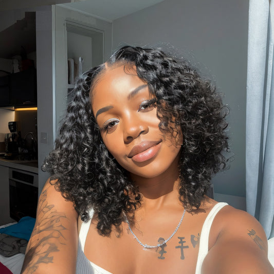 Short Bob Deep Wave Human Hair Wigs T Part Transparent Curly Closure Brazilian