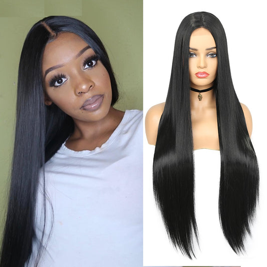 Long Straight Wig Middle Part Lace High Light Synthetic Hair Black Women Cosplay