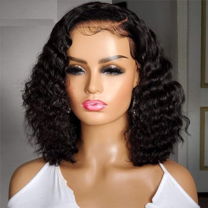Indian Human Hair Wigs Deep Wave Short Bob Women Transparent Closure Plucked New