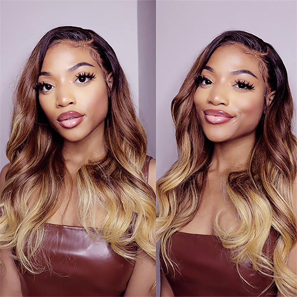 Ombre Highlight Body Wave Closure Brazilian Wavy Frontal Human Hair Wigs Remy