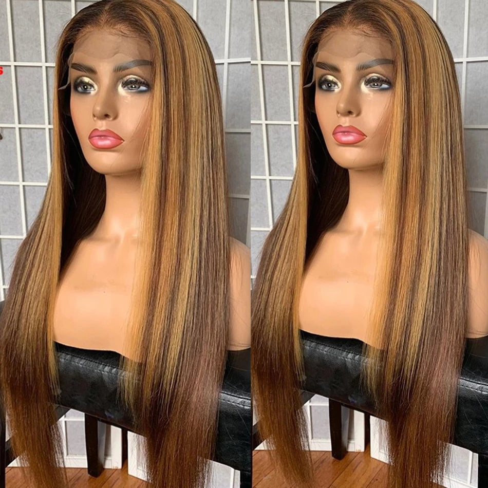 Straight Highlight Wig Part Human Hair Ombre Brown Honey Blonde Brazilian Long