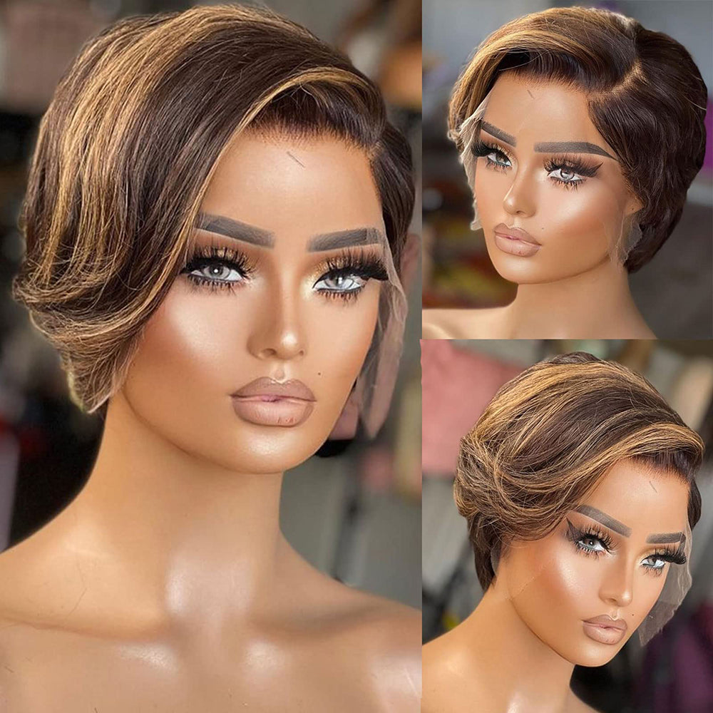 Highlight Pixie Cut Wig Short Bob Wig Straight Remy Human Hair Wigs For Women Side Part Transparent Lace Wig Natural Pre plucked
