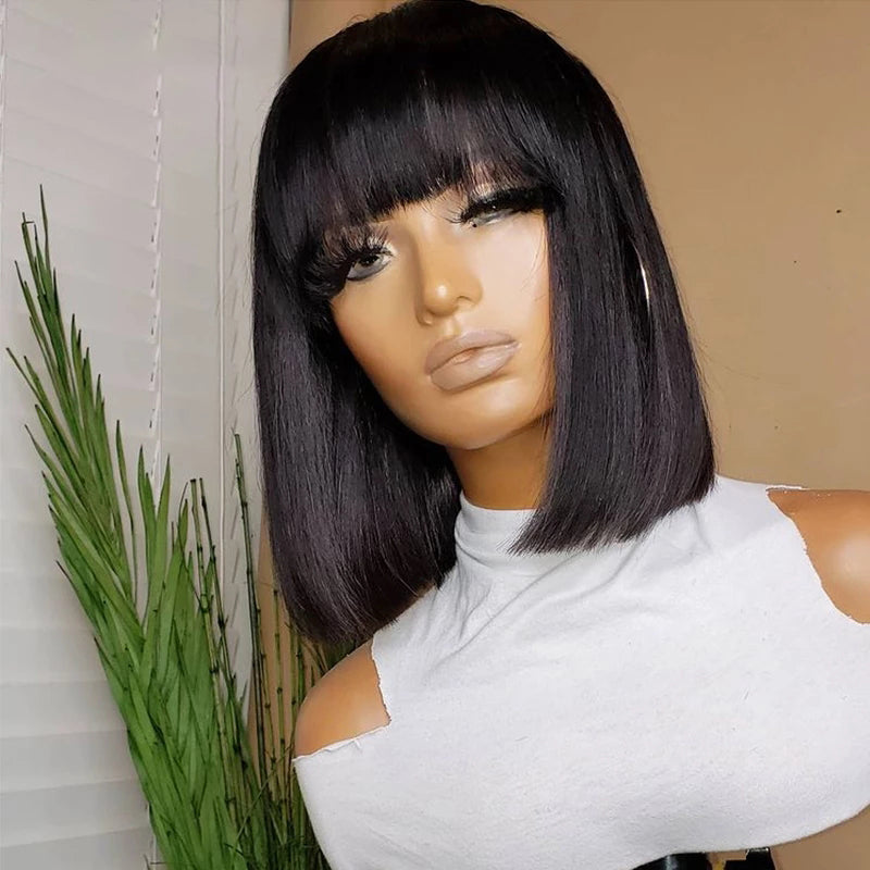 Short Bob Wig Bangs Straight Hair Brazilian Human Remy Full Machine Made Women