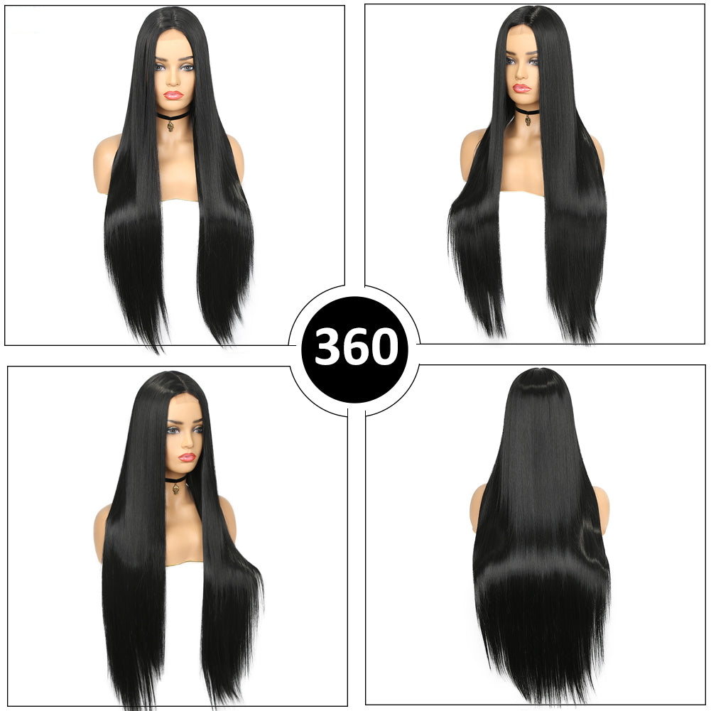 Long Straight Wig Middle Part Lace High Light Synthetic Hair Black Women Cosplay