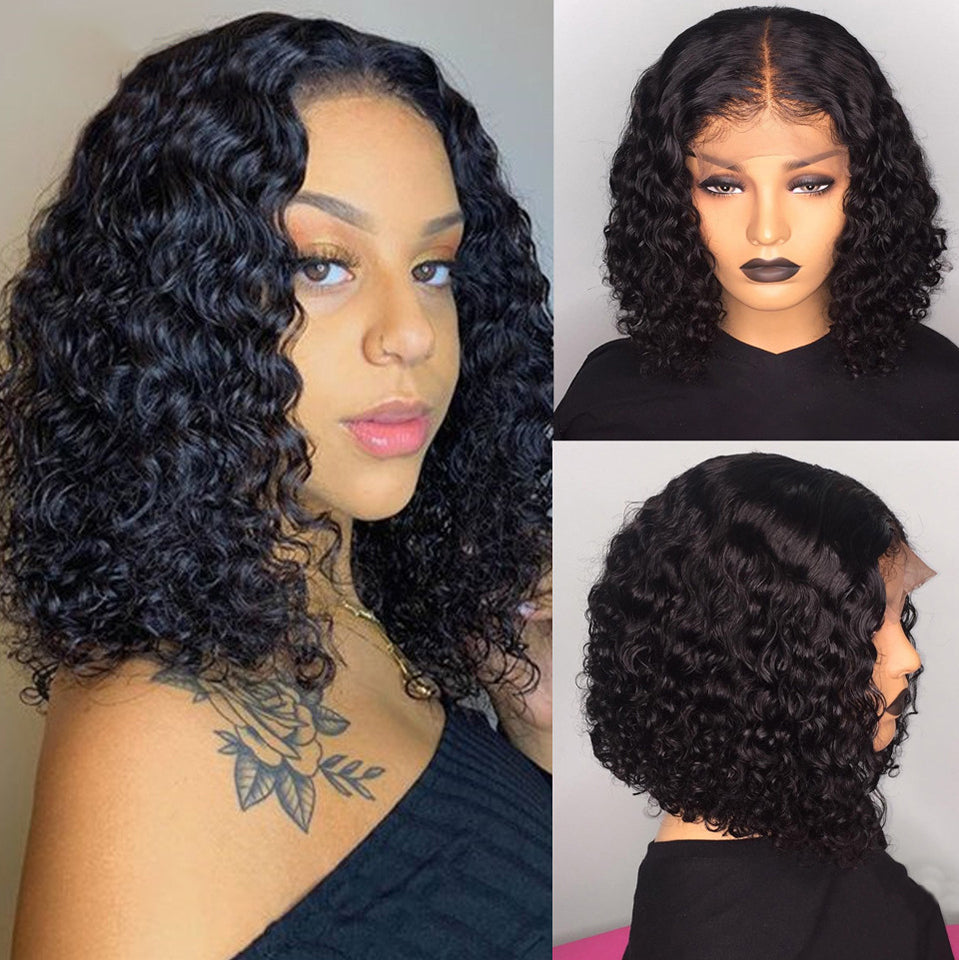 Indian Human Hair Wigs Deep Wave Short Bob Women Transparent Closure Plucked New