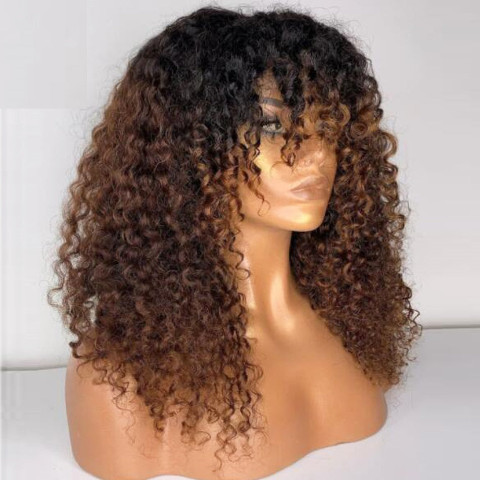 Ombre Curly Human Hair Wigs Borwn Brazilian Remy Scalp Top Full Machine Made New 180% Density