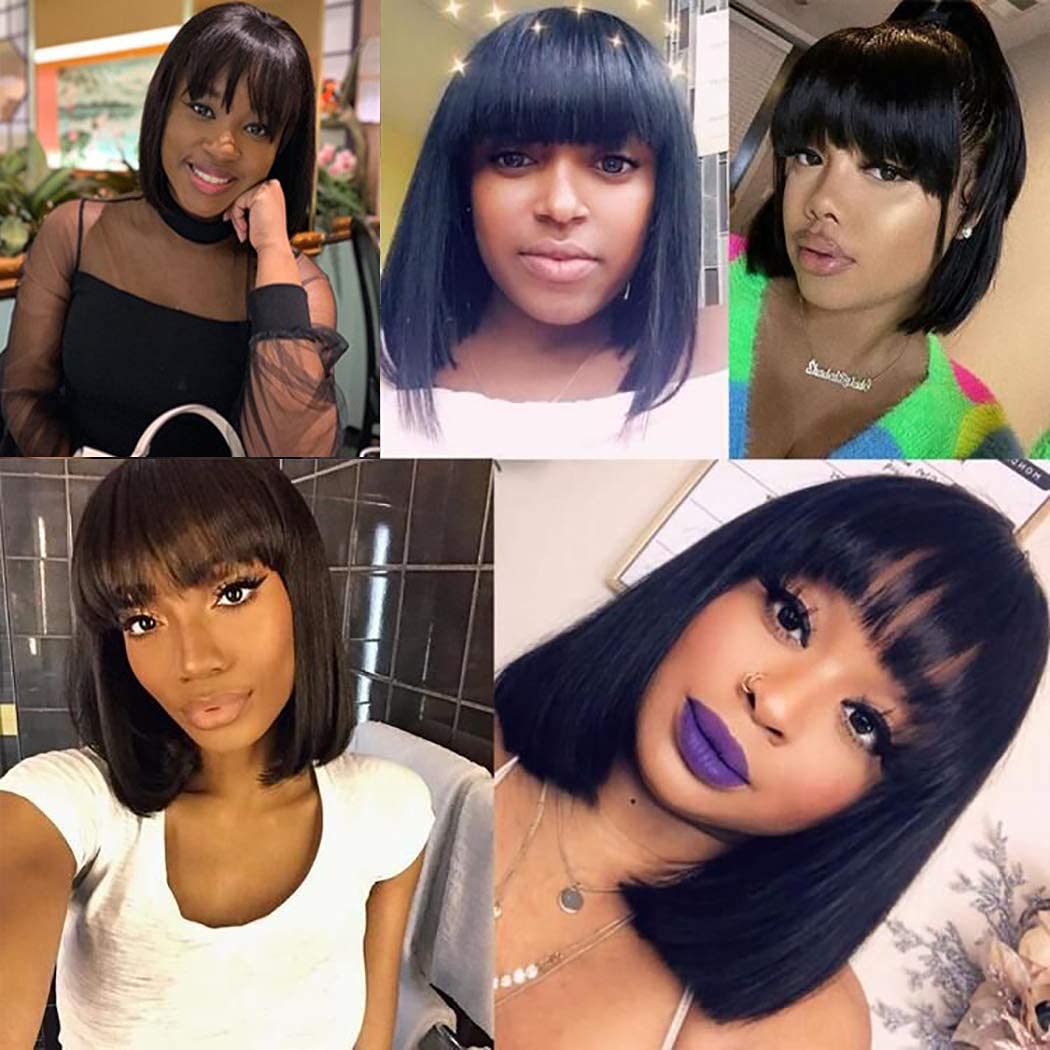 Short Bob Wig Bangs Straight Hair Brazilian Human Remy Full Machine Made Women