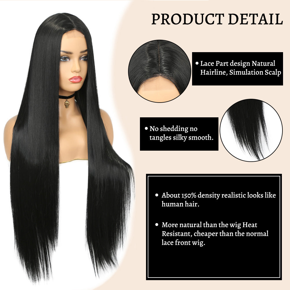 Long Straight Wig Middle Part Lace High Light Synthetic Hair Black Women Cosplay