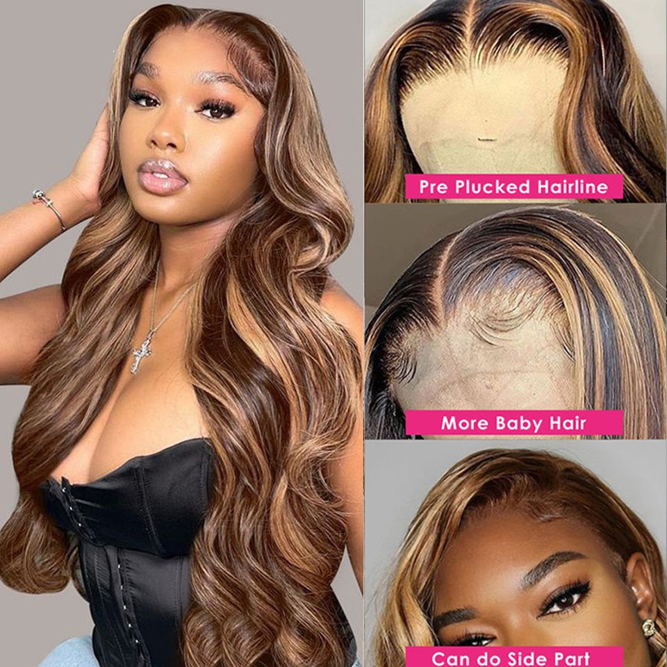 Highlight Wig Human Hair Body Wave HD Lace Frontal Brazilian Colored Honey Body