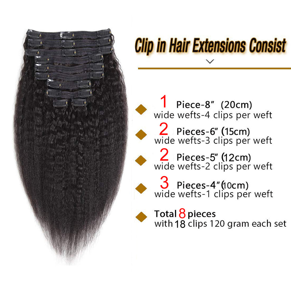 Kinky Straight Clip Human Hair Extensions Full Head Black Women Brazilian New