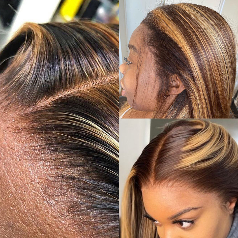 Straight Highlight Wig Part Human Hair Ombre Brown Honey Blonde Brazilian Long