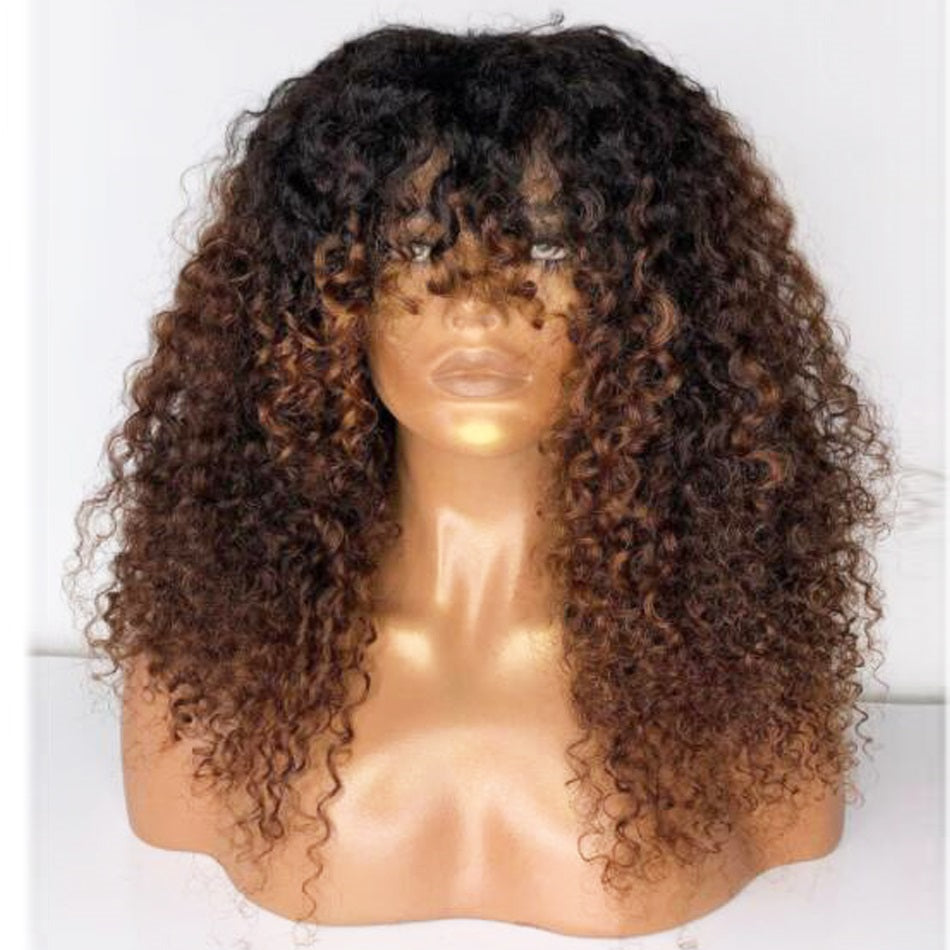 Ombre Curly Human Hair Wigs Borwn Brazilian Remy Scalp Top Full Machine Made New 180% Density