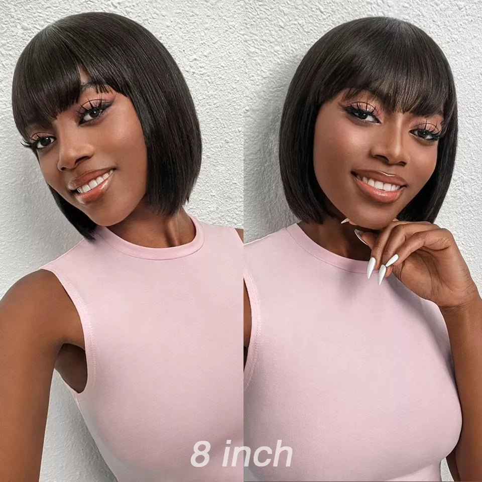 Short Bob Wig Bangs Straight Hair Brazilian Human Remy Full Machine Made Women