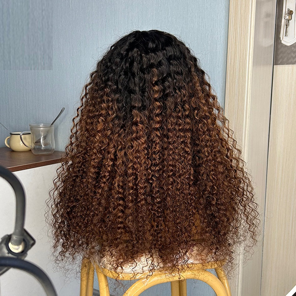 Ombre Curly Human Hair Wigs Borwn Brazilian Remy Scalp Top Full Machine Made New 180% Density