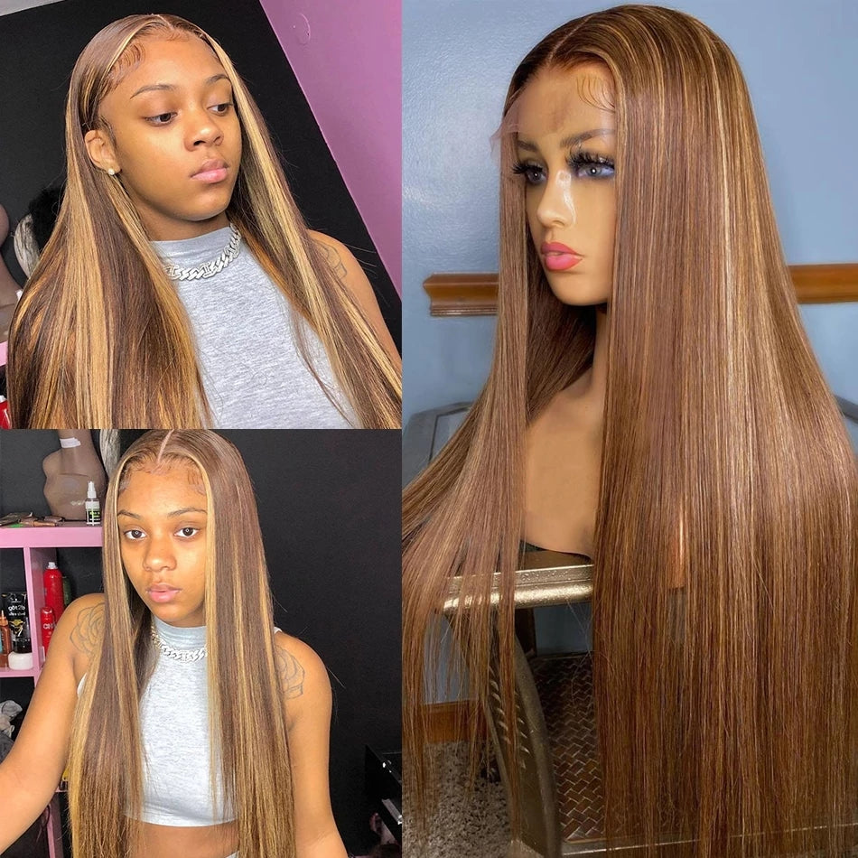 Straight Highlight Wig Part Human Hair Ombre Brown Honey Blonde Brazilian Long