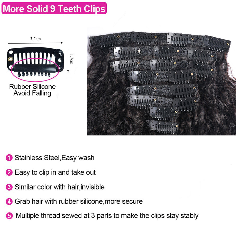 Kinky Straight Clip Human Hair Extensions Full Head Black Women Brazilian New