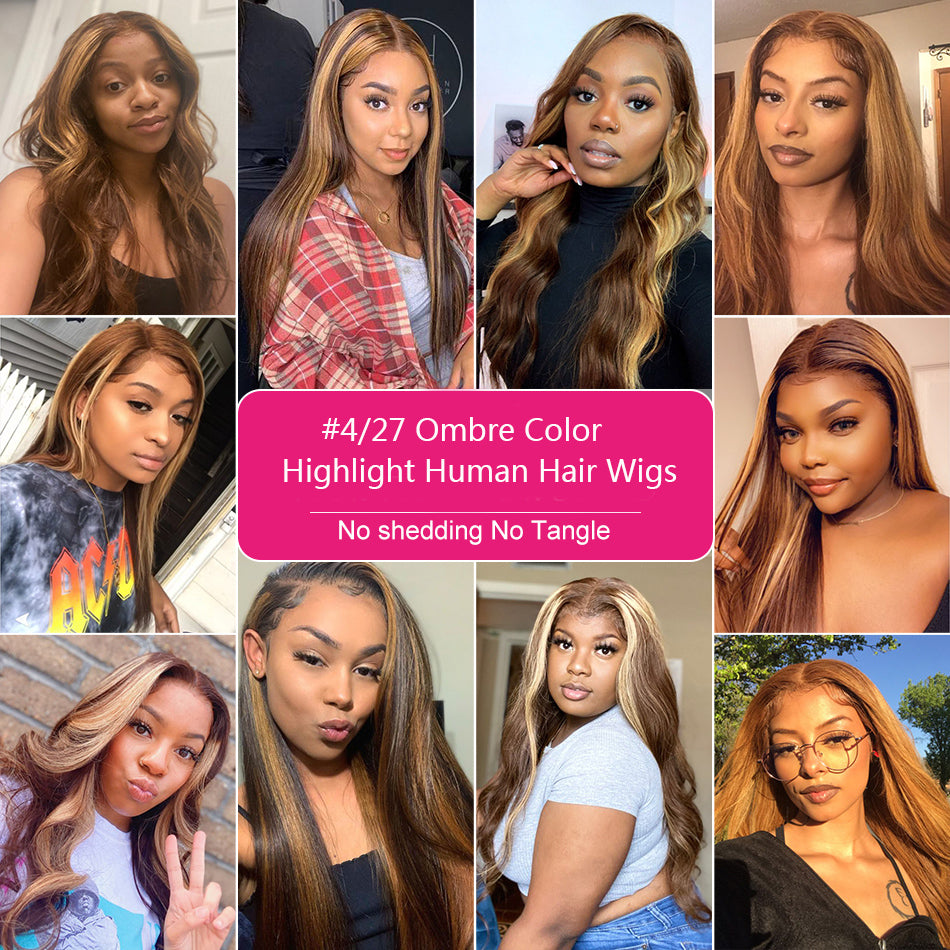 Straight Highlight Wig Part Human Hair Ombre Brown Honey Blonde Brazilian Long