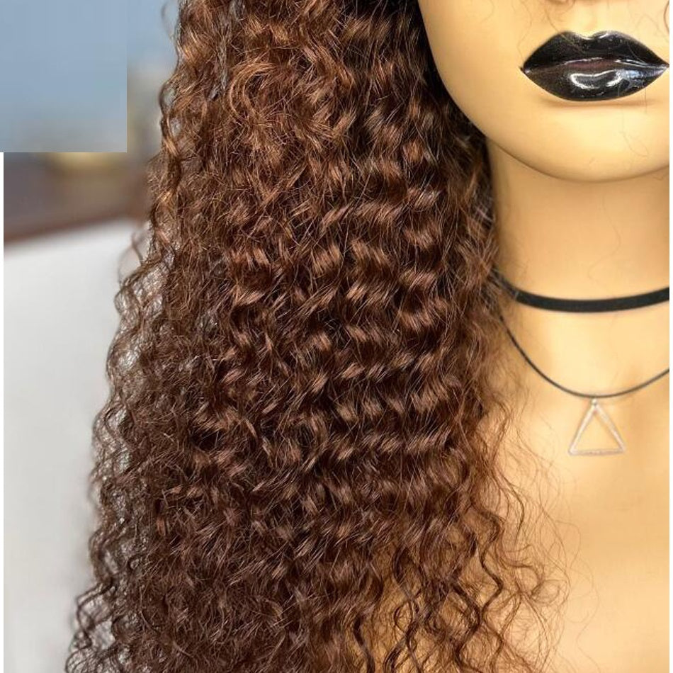 Ombre Curly Human Hair Wigs Borwn Brazilian Remy Scalp Top Full Machine Made New 180% Density