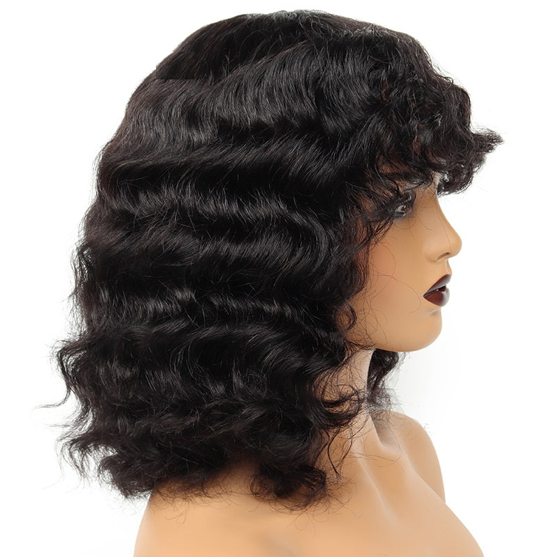Short Human Hair Wigs Women Deep Wave Brazilian Bangs Glueless Full Machine Remy