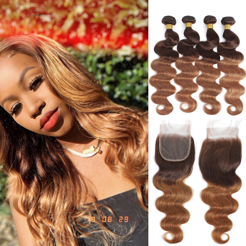 Colored Bundles With Closure Body Wave Brazilian Human Hair Weave Bundles With HD Lace Closure Ombre Brown Extensions For Women
