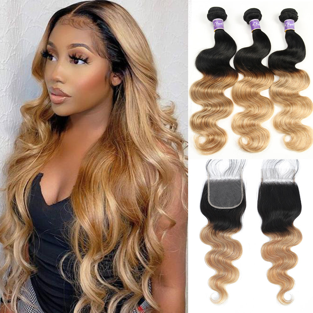 Colored Bundles With Closure Body Wave Brazilian Human Hair Weave Bundles With HD Lace Closure Ombre Brown Extensions For Women