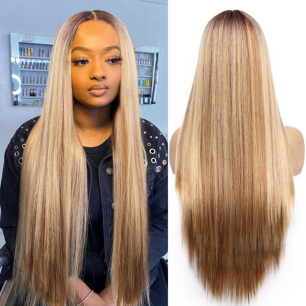 Long Straight Wig Middle Part Lace High Light Synthetic Hair Black Women Cosplay