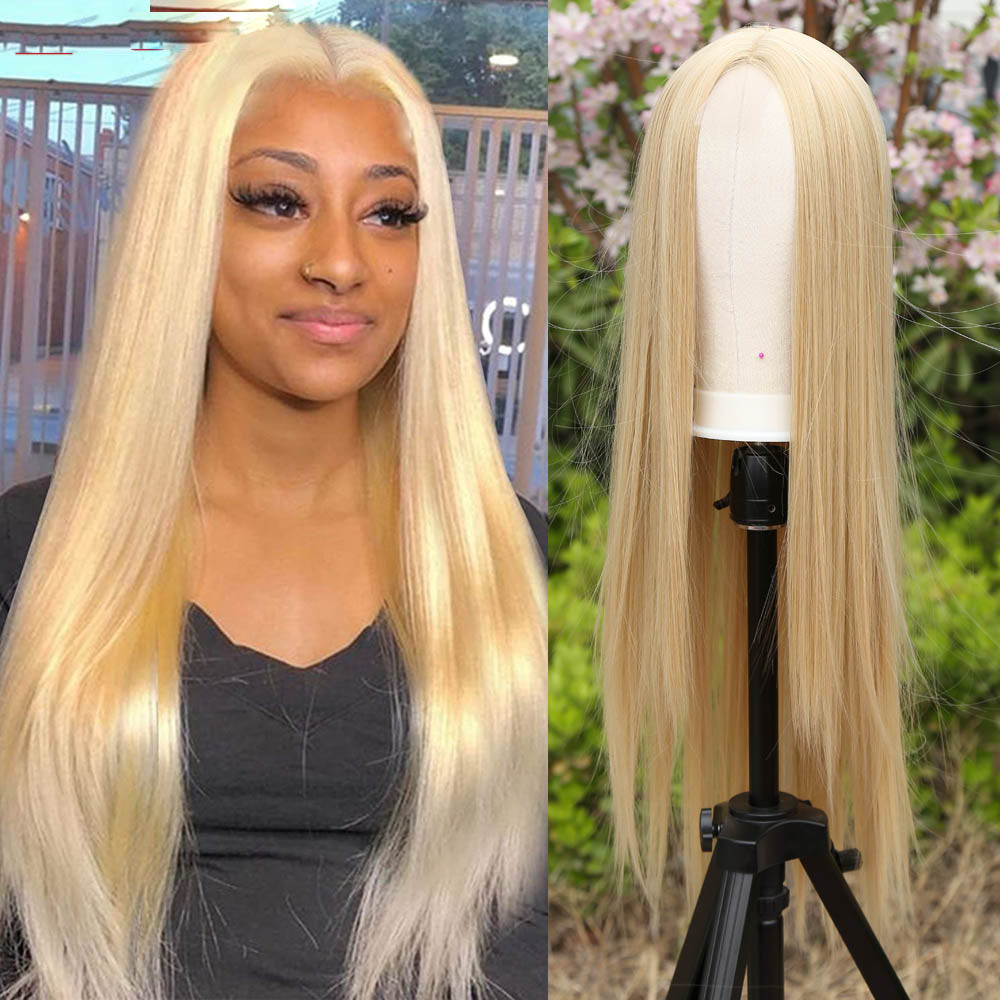 Long Straight Wig Middle Part Lace High Light Synthetic Hair Black Women Cosplay