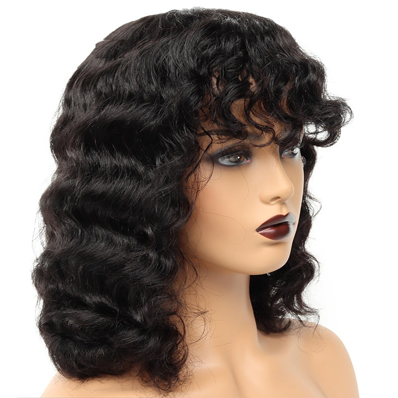 Short Human Hair Wigs Women Deep Wave Brazilian Bangs Glueless Full Machine Remy