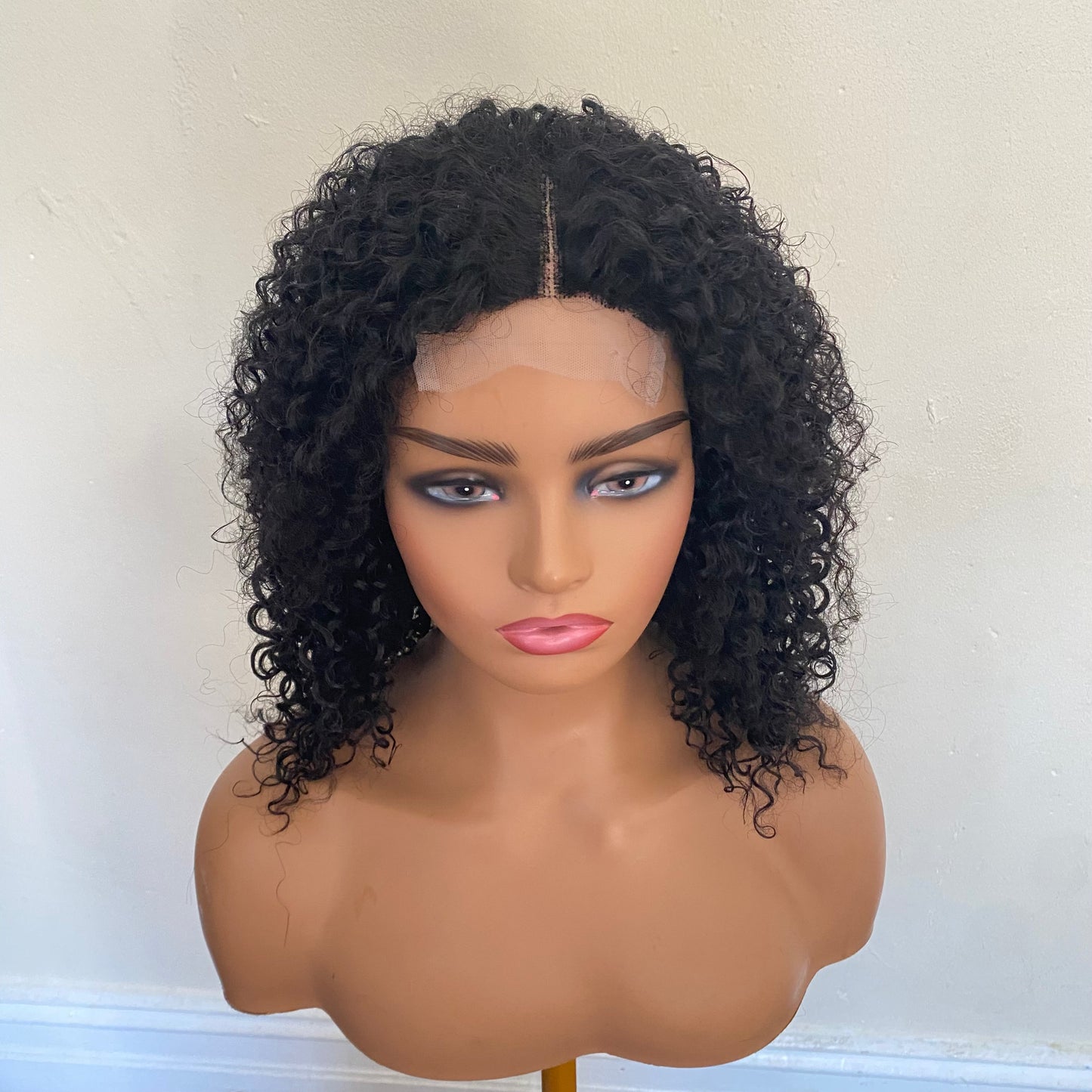 Human Hair Blend Kinky Curly Wig  Black Short Wigs 4x1  Closure