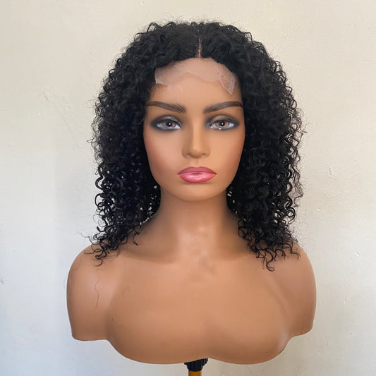 Human Hair Blend Kinky Curly Wig  Black Short Wigs 4x1  Closure