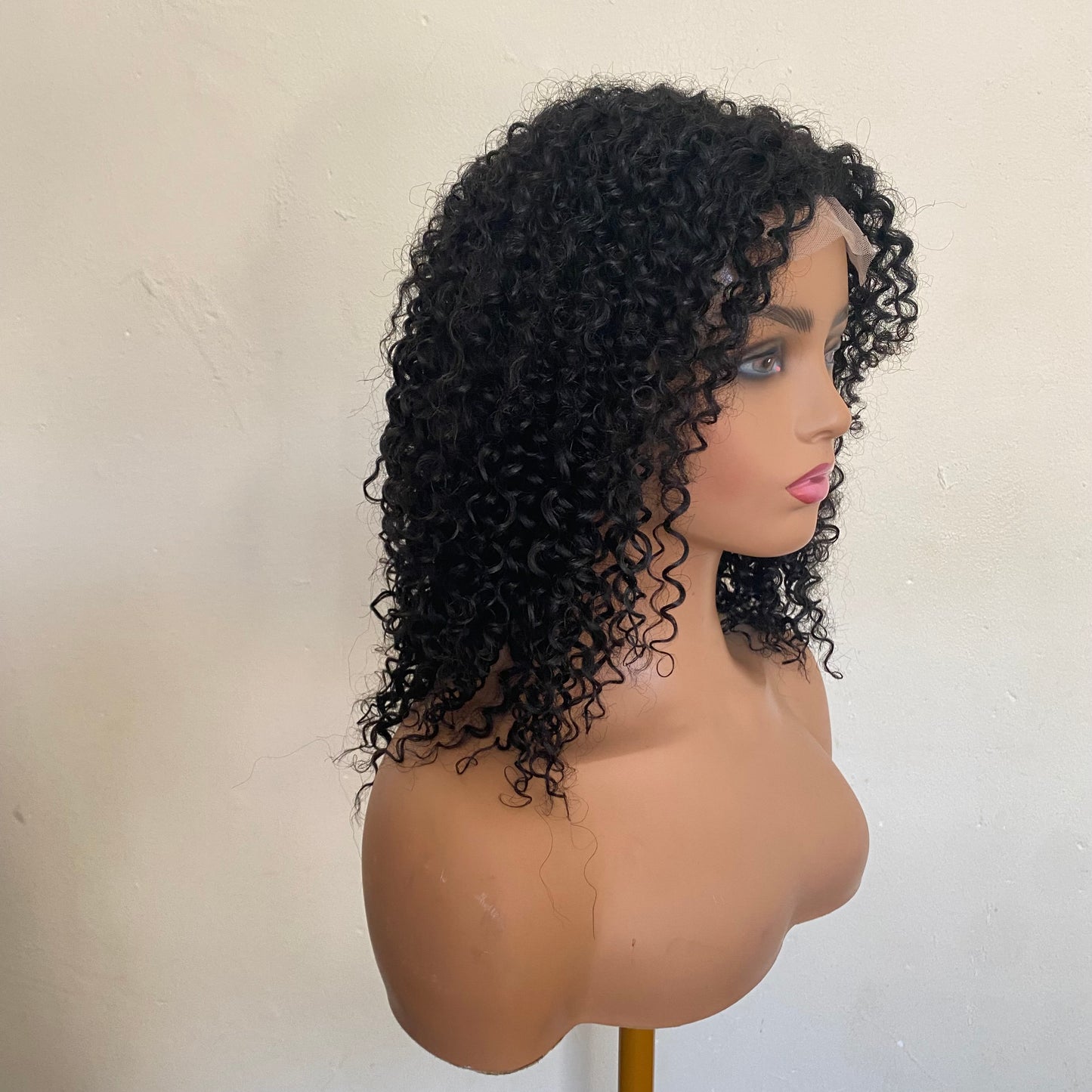 Human Hair Blend Kinky Curly Wig  Black Short Wigs 4x1  Closure