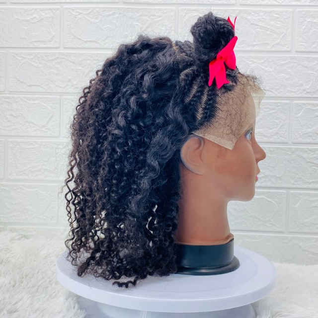 Children two ponytails Lace Front Kinky Curly Braided Wig Human Hair wig for kids Alopecia wig for girls Transparent 13x4 lace frontal cosplay costume wig