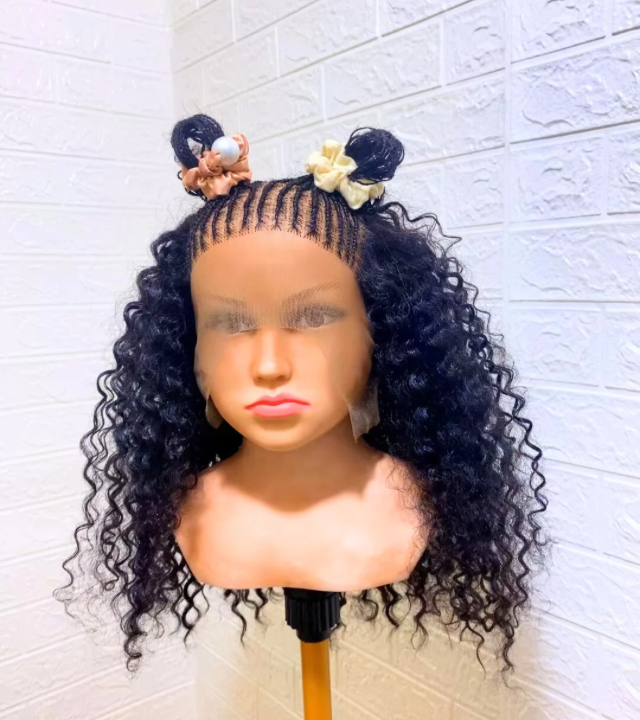 Children Cornrow Weave Wig Human Hair Blend Half weave Half Cornrow wigs for girls
