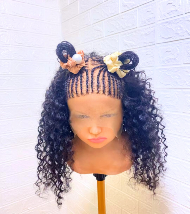 Children Cornrow Weave Wig Human Hair Blend Half weave Half Cornrow wigs for girls
