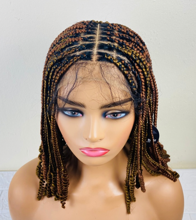 Short brown  box braid wig for Ladies. Glue less wig