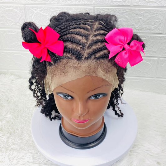 Children two ponytails Lace Front Kinky Curly Braided Wig Human Hair wig for kids Alopecia wig for girls Transparent 13x4 lace frontal cosplay costume wig