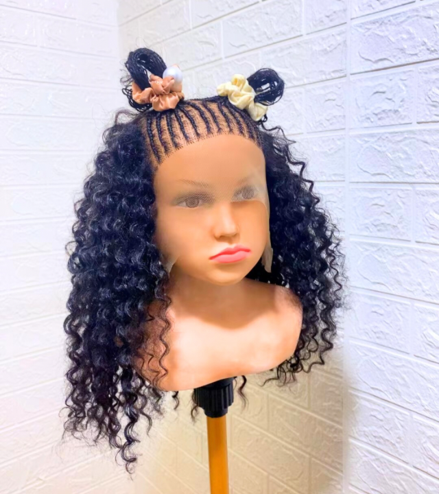 Children Cornrow Weave Wig Human Hair Blend Half weave Half Cornrow wigs for girls